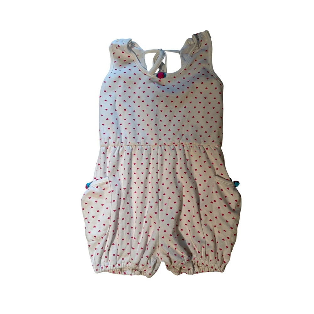 Y2K‎ Vintage Jilado Kids White Red Heart Print Bubble Romper 6X Pockets 90s